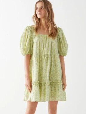 NEW &Other Stories Green Floral Puff Sleeve Cotton Mini Dress Size Medium